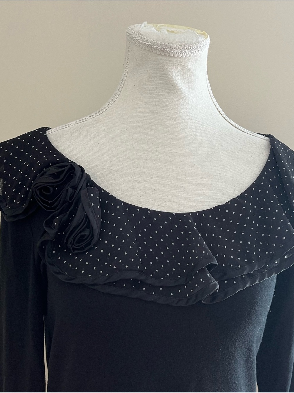 Ralph Lauren Black Long-Sleeve Top with Polka Dot Ruffle Yoke